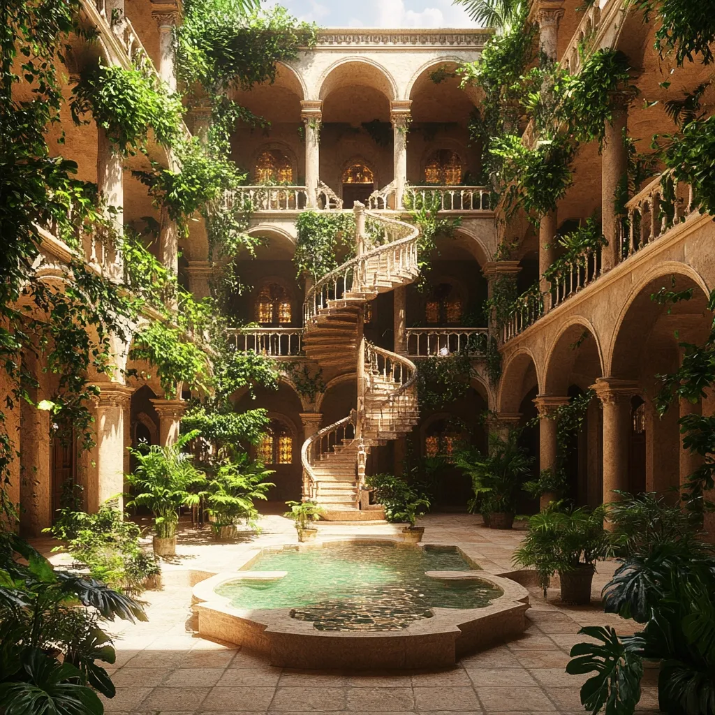 A sun-drenched, opulent courtyard features a grand spiral staircase ascending through multiple levels of arched colonnades. Lush greenery thrives throughout the space, cascading from balconies and overflowing from planters.  A tranquil reflecting pool sits at the heart of the courtyard, adding serenity to the lavish, almost dreamlike, setting. The architecture is reminiscent of a Mediterranean palace, or perhaps a hidden oasis.
