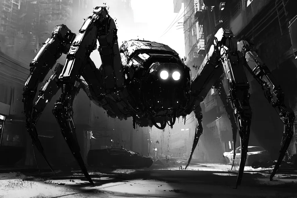 A large, menacing, mechanical spider dominates a desolate, monochrome city street. Its eight legs are thick and powerful, ending in sharp points.  The spider's body is dark and imposing, with glowing lights near its center.  Abandoned vehicles litter the background, enhancing the post-apocalyptic atmosphere.  The image is rendered in a stark, high-contrast style, emphasizing the machine's ominous presence.