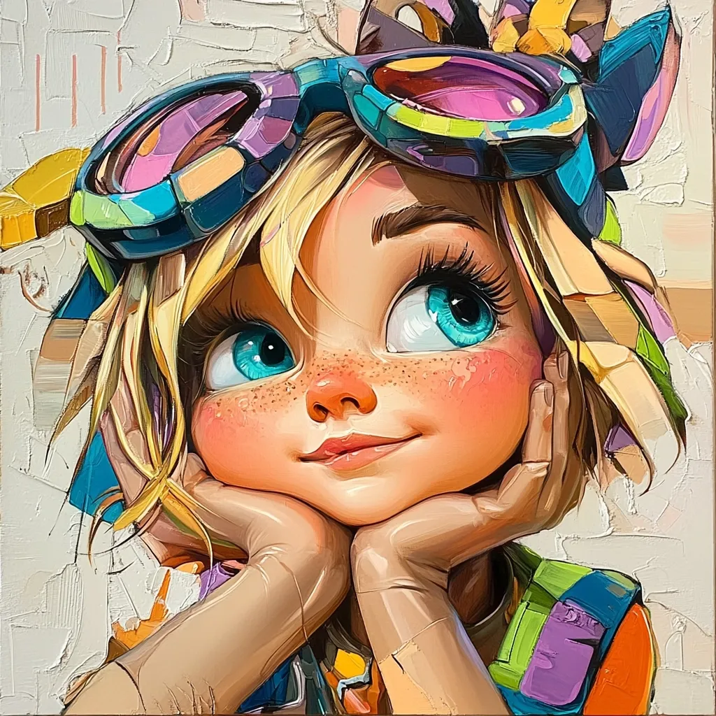 A vibrant, stylized painting depicts a young girl with large, expressive blue eyes and freckles.  She has blonde hair partially concealed by colorful goggles, and rests her chin on her hands.  Her attire is a patchwork of bright hues, suggesting playfulness and energy. The painting's impasto style gives it a textured, three-dimensional feel.  The overall mood is one of dreamy contemplation.