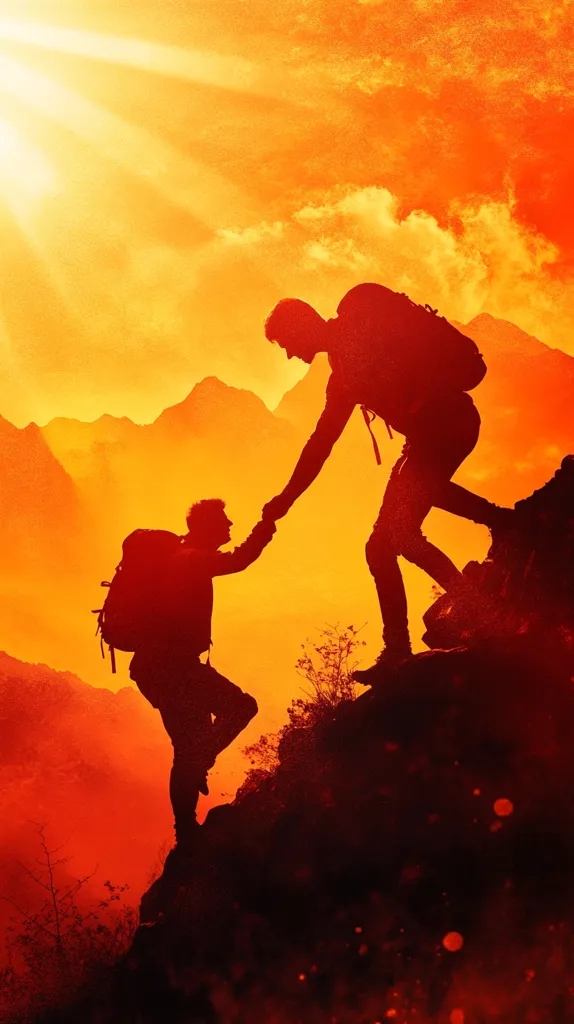 Two silhouetted figures, hikers with backpacks, ascend a mountain at sunset.  One hiker offers a helping hand to the other, symbolizing teamwork, support, and overcoming challenges. The vibrant orange sky and dramatic mountain range create a powerful and inspirational image.  The scene evokes feelings of perseverance and mutual assistance in achieving a difficult goal.