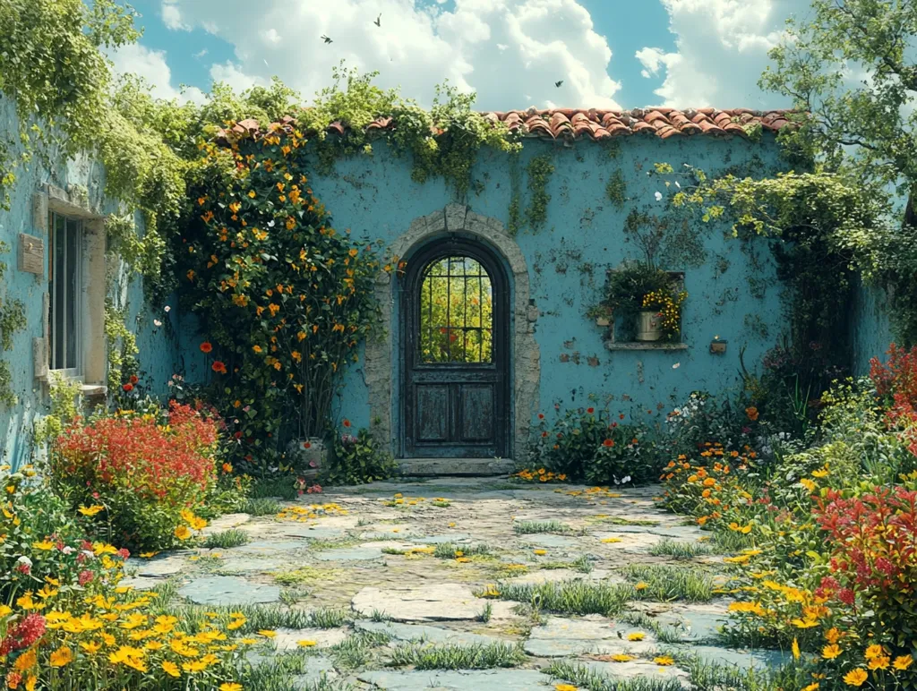 A charming, weathered teal building, possibly a cottage or villa, is nestled in a vibrant garden.  A stone pathway leads to an arched wooden doorway.  The walls are adorned with climbing plants and flowers, creating a lush, secluded courtyard.  Brightly colored blooms, including yellows and reds, surround the structure, adding to the picturesque scene under a partly cloudy sky.  The overall atmosphere is tranquil and idyllic.