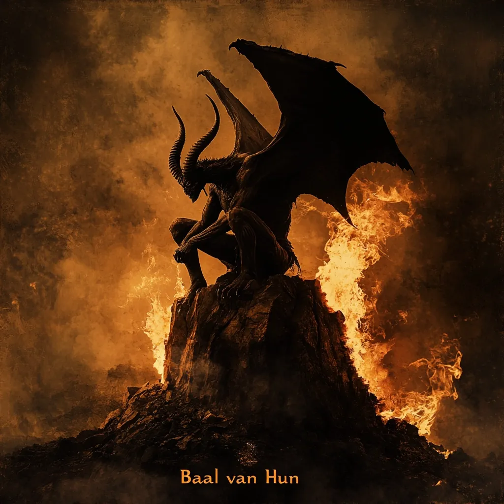 A demonic figure, Baal van Hun, is depicted perched atop a fiery rock.  The creature possesses large, curved horns, leathery wings, and a hunched posture.  Surrounding it are intense flames, casting an ominous, hellish glow upon the scene.  The overall aesthetic is dark, dramatic, and evocative of a powerful, infernal being.