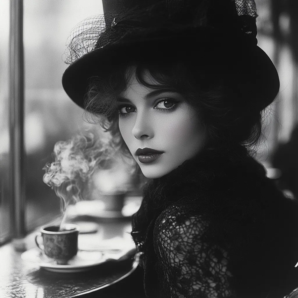 A captivating monochrome portrait of a young woman, elegantly attired in a black top hat and lace-trimmed garment.  She gazes intently towards the viewer, a small cup of steaming coffee nearby on a table in a dimly lit setting. The image evokes a vintage, almost melancholic atmosphere, reminiscent of classic film noir.  Her dark, curly hair and expressive eyes contribute to a mysterious and alluring presence.