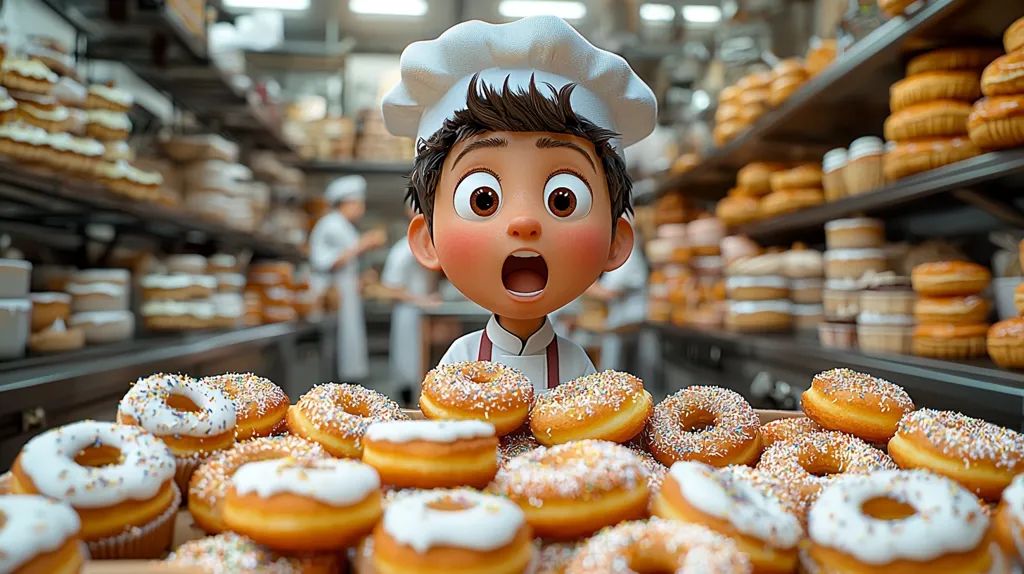 A wide-eyed, surprised cartoon boy, wearing a chef's hat and apron, stands amidst a mountain of delicious-looking donuts.  The background is filled with shelves overflowing with various pastries and baked goods in a busy bakery. The boy's expression suggests amazement at the sheer quantity of treats surrounding him.  The scene is vibrant and highly detailed, showcasing a whimsical, almost dreamlike atmosphere.