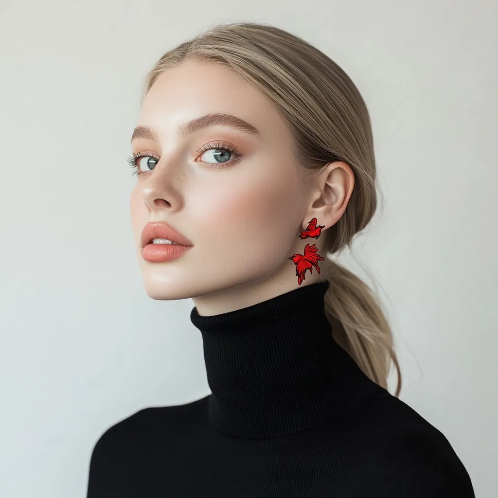 A blonde woman with flawless makeup wears a black turtleneck sweater.  Her hair is styled in a sleek ponytail.  She is wearing eye-catching red bird-shaped earrings that dangle elegantly.  The overall aesthetic is minimalist and chic, with a focus on the model's beauty and the statement jewelry.
