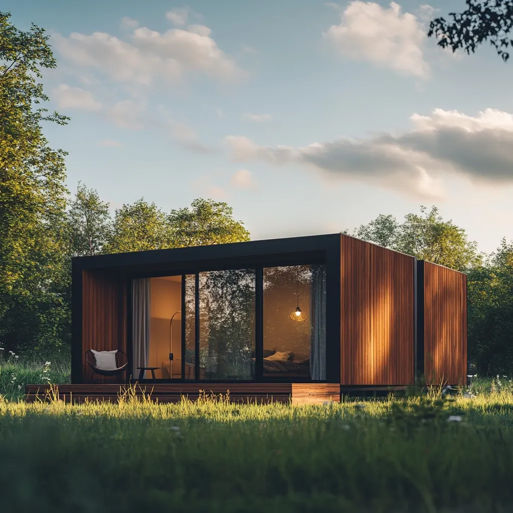A modern, minimalist cabin sits nestled in a lush green field.  The structure features wood siding and large glass sliding doors, revealing a cozy interior with warm lighting.  A small deck extends from the cabin, and a single chair sits invitingly outside. The scene is bathed in the soft light of a setting sun, creating a serene and peaceful atmosphere.