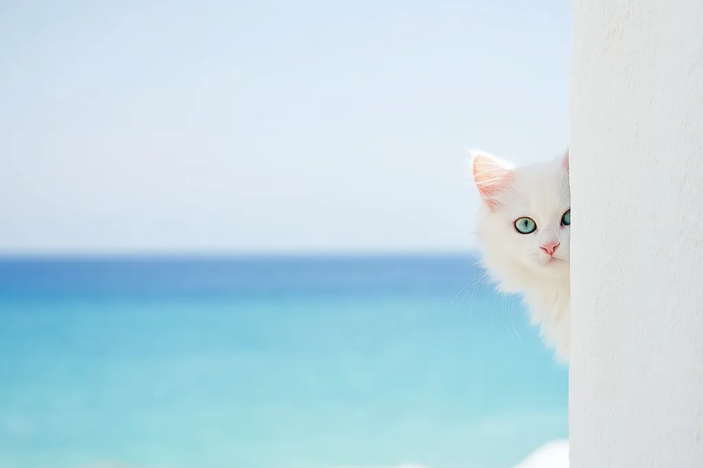 A fluffy white cat with striking blue eyes peeks from behind a white wall.  The ocean, a serene expanse of turquoise water, forms a peaceful backdrop.  The cat's curious gaze and the tranquil seascape create a calming, idyllic scene.