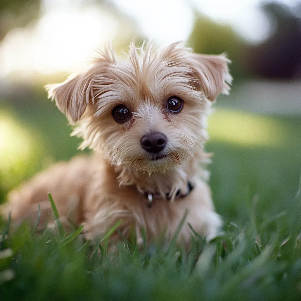A fluffy, light brown puppy sits in the grass, looking directly at the camera.  Its large, dark eyes are expressive, and its fur is soft and slightly tousled.  The background is blurred, focusing attention on the adorable dog.  The puppy wears a dark collar.  The scene is peaceful and evokes a sense of warmth.