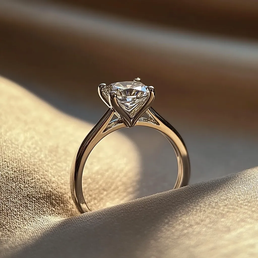 A close-up shot showcases a solitaire diamond engagement ring resting on a soft, beige fabric.  The ring features a brilliant-cut diamond set in a four-prong setting with delicate, V-shaped prongs.  The band is thin and smooth, made of what appears to be platinum or white gold. The overall impression is one of elegance and timeless simplicity.