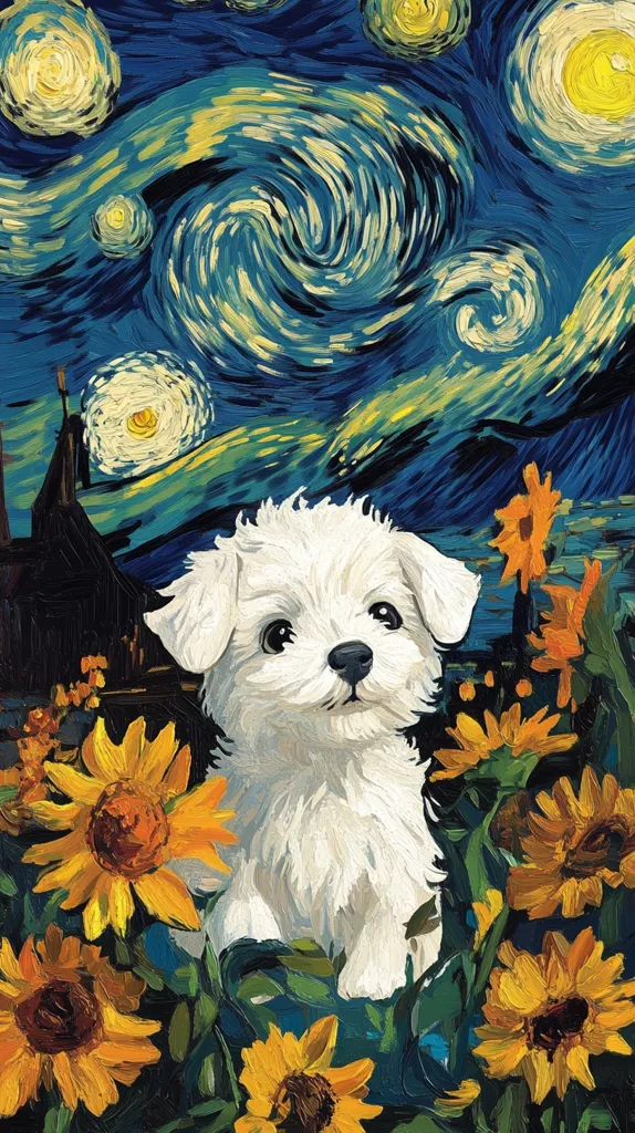 A charming painting in the style of Van Gogh depicts a fluffy white Maltese puppy nestled amidst vibrant sunflowers. The background showcases the artist's signature swirling night sky, complete with bright stars and a dark, church-like structure.  The impasto technique creates a textured, expressive image, blending the puppy's soft fur with the bold colors of the flowers and the dramatic sky.