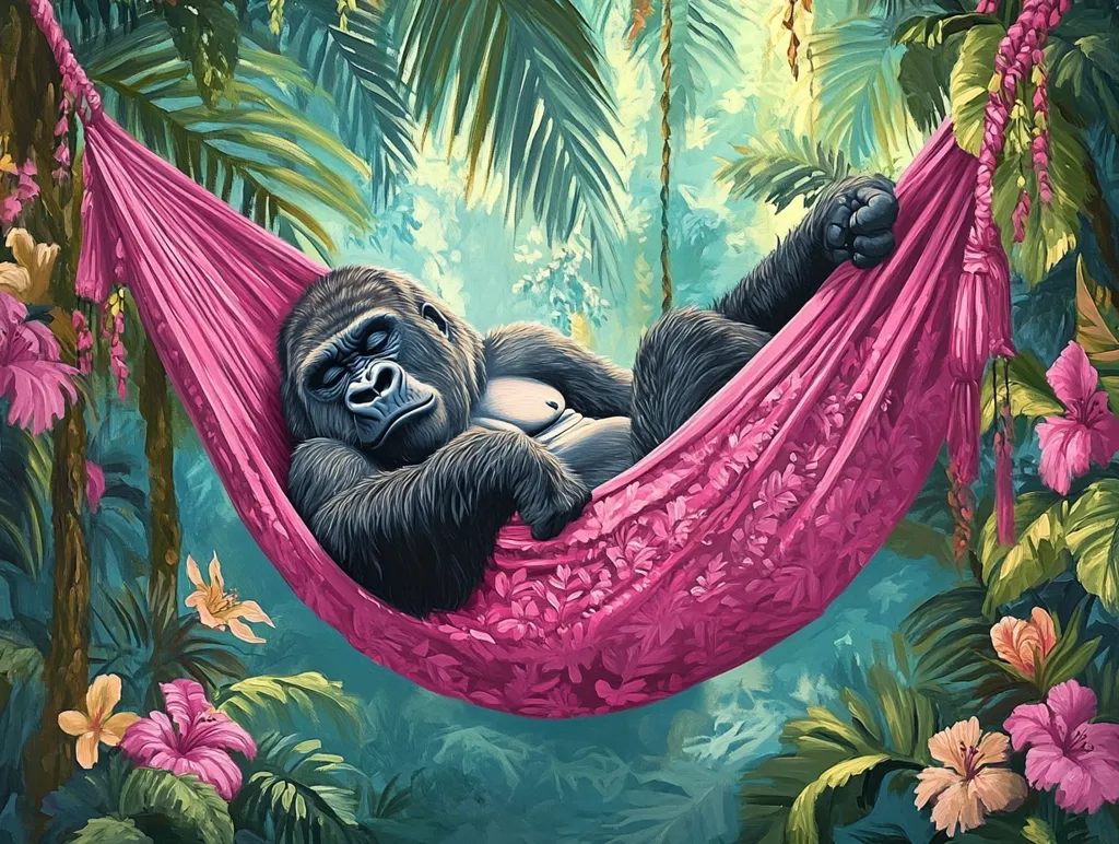 A serene painting depicts a gorilla peacefully napping in a vibrant pink hammock nestled within a lush tropical rainforest.  Surrounding the hammock are vibrant green leaves, hibiscus flowers in shades of pink and orange, adding to the tranquil jungle atmosphere.  The gorilla's relaxed posture and the rich colors create a sense of calm and idyllic escape.