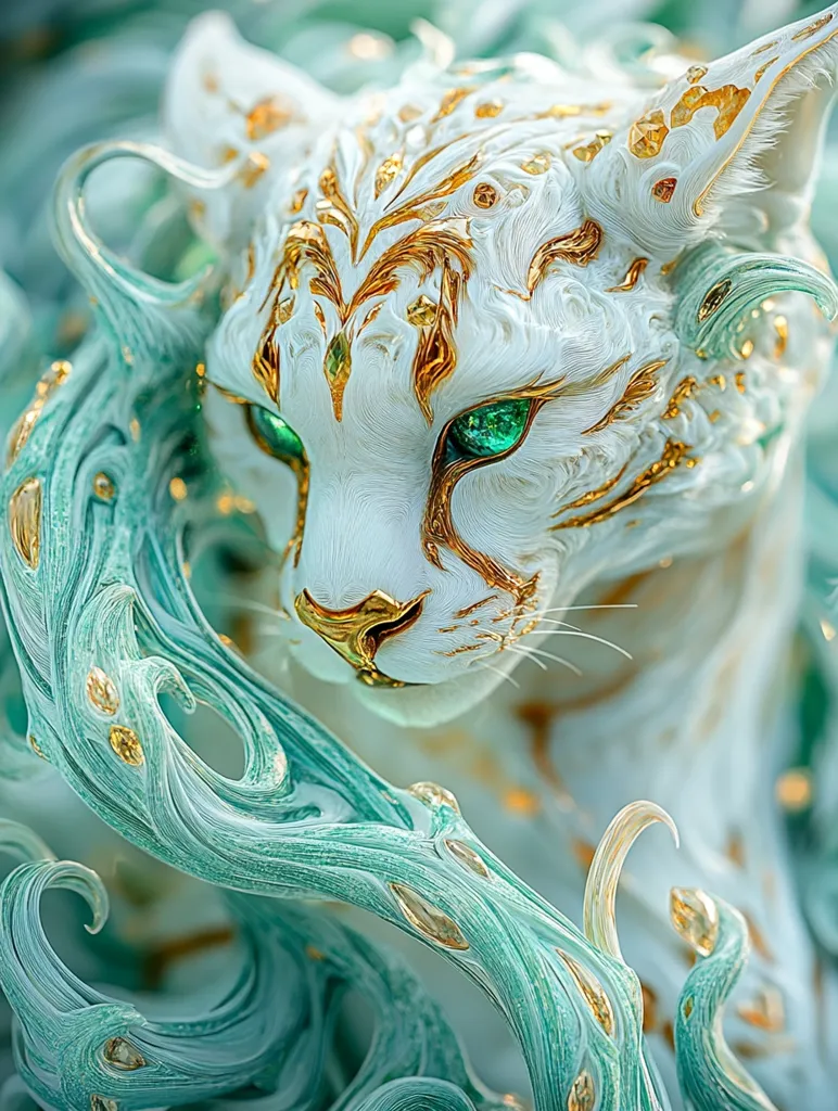 A digital rendering showcases a stylized white feline, adorned with intricate gold filigree and vibrant emerald green eyes.  The creature is partially obscured by swirling, teal, organic forms that resemble flowing water or vines, speckled with gold accents.  The overall aesthetic is fantastical and luxurious, blending elements of nature and ornamentation.