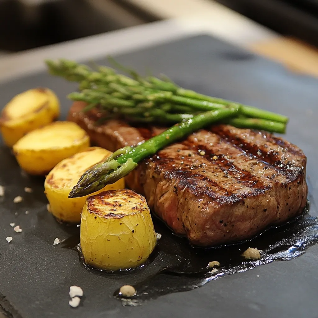 A perfectly grilled steak is the centerpiece of this delicious-looking meal.  It's accompanied by roasted asparagus spears and several golden-brown roasted potato halves, all artfully arranged on a dark slate plate.  A sprinkle of salt adds a final touch of elegance to the presentation.  The glistening steak and potatoes suggest a rich and savory flavor.