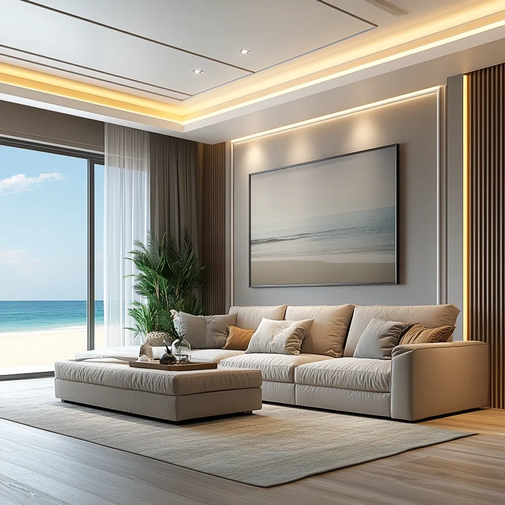 A luxurious beachfront living room boasts a beige sectional sofa, complemented by a large ottoman and a serene seascape painting.  The room features recessed lighting, wood flooring, and floor-to-ceiling windows offering stunning ocean views.  Neutral tones and elegant design elements create a calm and sophisticated ambiance.  A potted plant adds a touch of nature to the space.