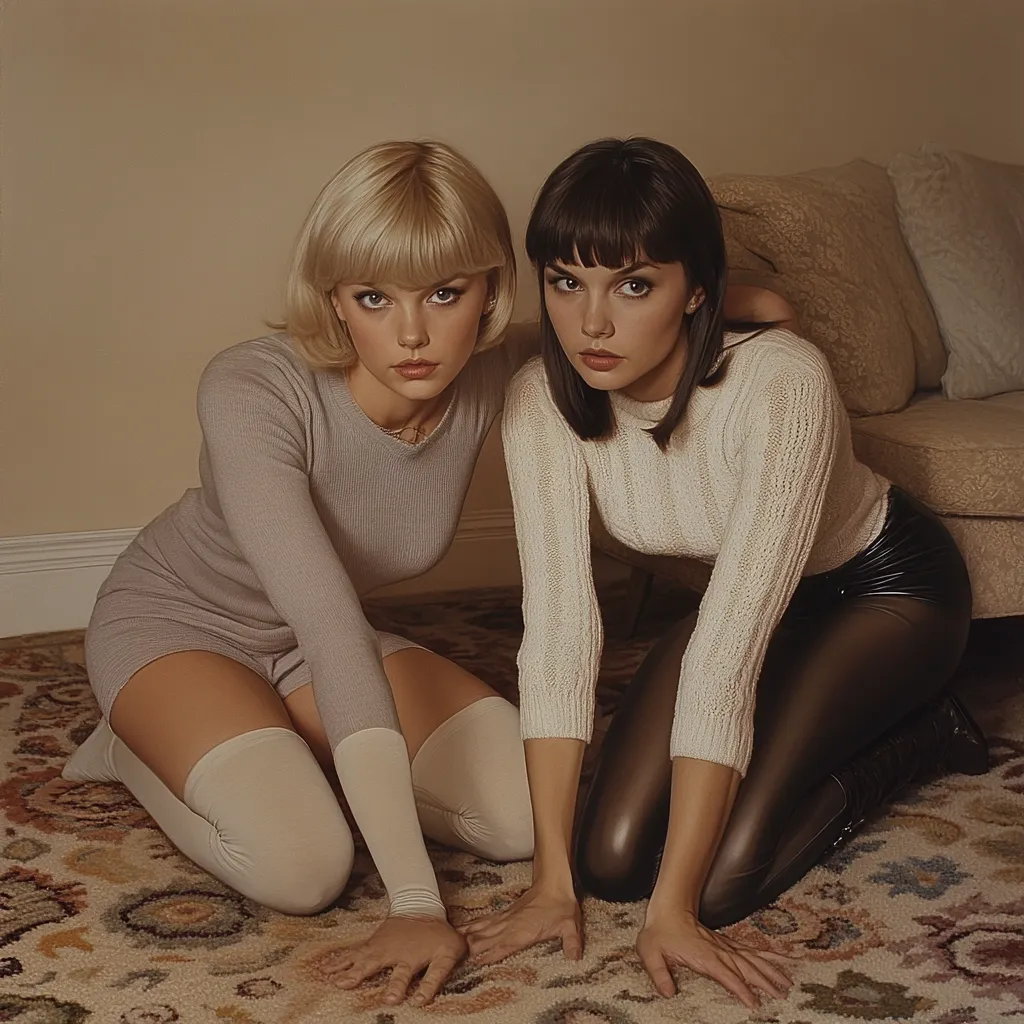 Two young women with short, styled hair kneel on a patterned carpet. One wears a light gray ribbed knit dress and white knee-high socks; the other wears a cream-colored sweater and black leather pants.  They are posed intimately, their gazes directed forward, creating a vintage-inspired aesthetic.  A beige couch is visible in the background. The overall tone is muted and warm.