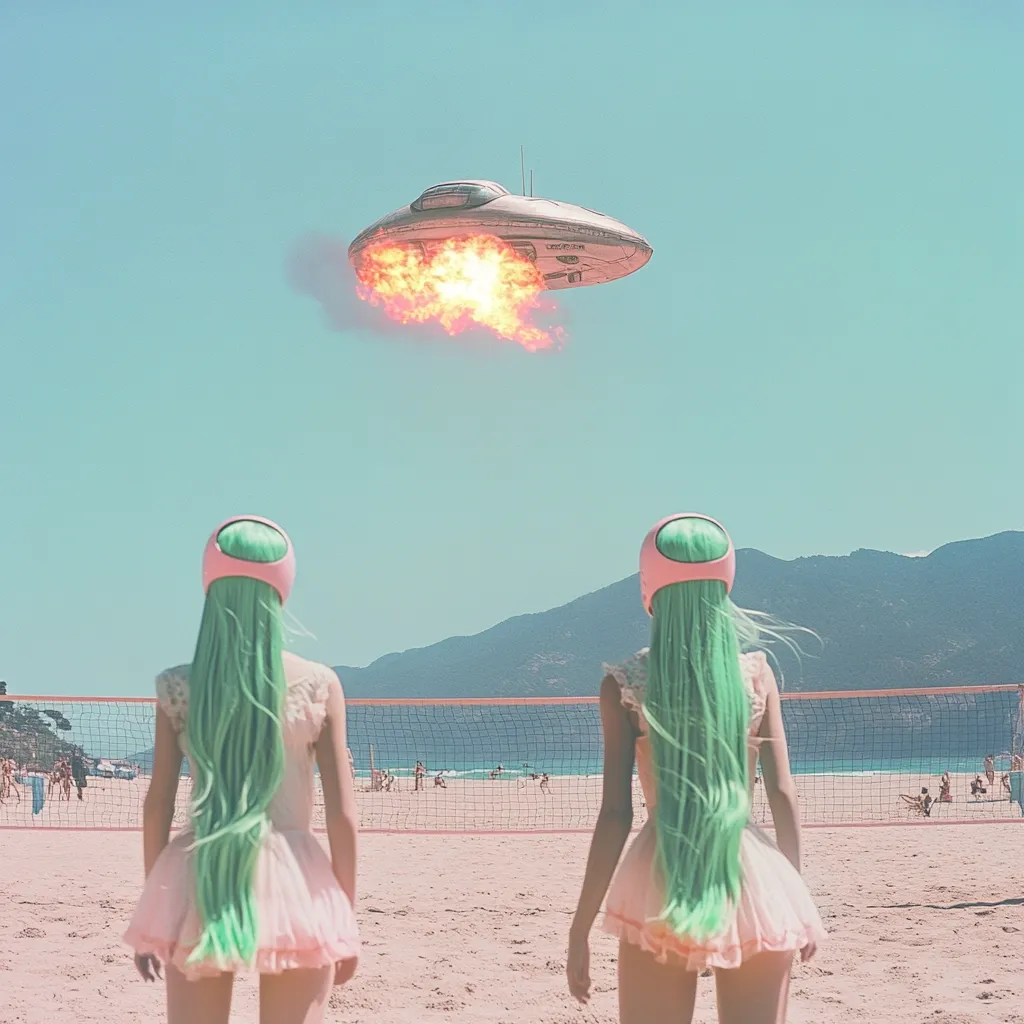 Two women with long mint green hair and pink headgear stand on a beach, their backs to the viewer.  A flaming UFO is visible in the sky above them.  A volleyball net is in the background, with other beachgoers visible in the distance. The scene is surreal and pastel-toned, evoking a dreamy, otherworldly atmosphere.