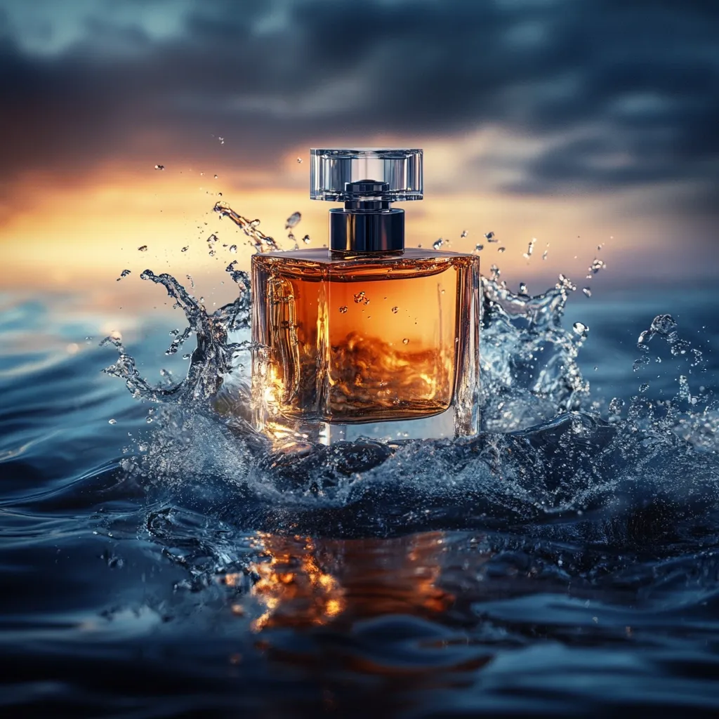 A luxurious amber-colored perfume bottle sits amidst a dramatic ocean splash at sunset.  The bottle, with a clear crystal top, is partially submerged, creating a stunning visual of water droplets and reflections. The backdrop is a moody, colorful sky, enhancing the overall sense of elegance and sophistication. The image evokes feelings of freedom and escape.