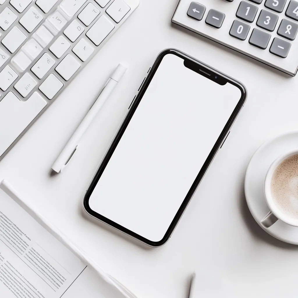 A flat lay showcasing a minimalist workspace.  A smartphone with a blank screen rests centrally, surrounded by a keyboard, calculator, pen, coffee cup and saucer, and paperwork.  The scene is clean and bright, with a predominantly white background, suggesting a modern and organized office environment.  The blank screen offers opportunity for branding or app display.
