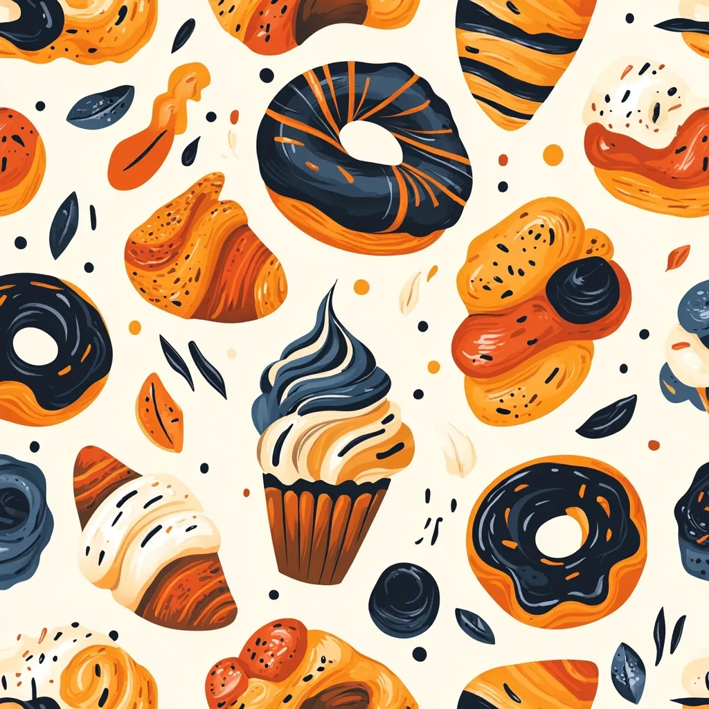 A seamless pattern featuring a delightful assortment of pastries and sweets.  Donuts with dark chocolate icing, croissants with creamy fillings, cupcakes with swirled frosting, and other assorted baked goods are depicted in a vibrant orange and dark blue color scheme against a light beige background.  The illustration style is playful and slightly abstract, emphasizing texture and color.