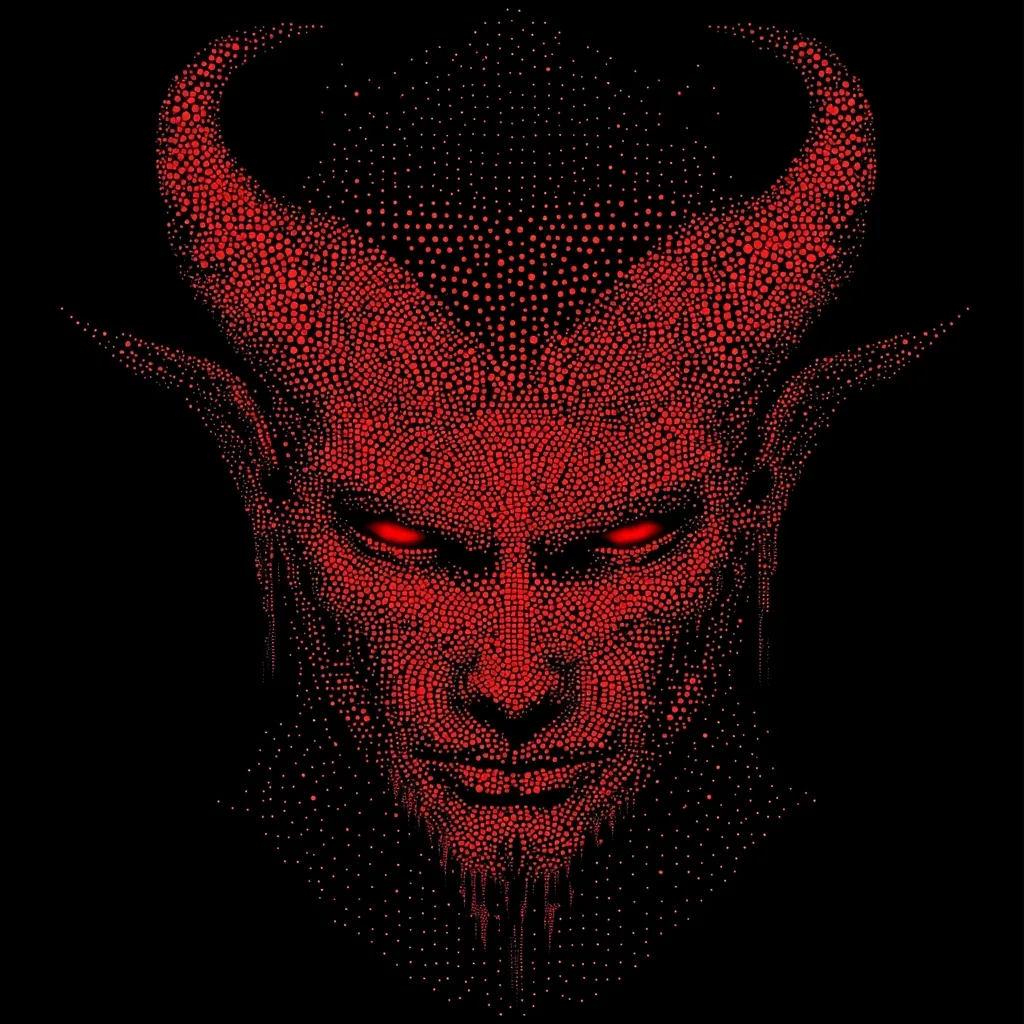 A demonic face, rendered in a pointillist style using red dots on a black background. The devilish figure possesses prominent horns, intense red eyes, and a stern expression.  The dotted texture creates a unique visual effect, emphasizing the sinister nature of the subject. The image evokes feelings of darkness and evil.