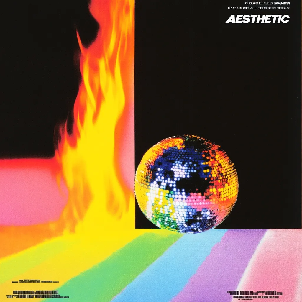 A vibrant, stylized image features a disco ball resting on a multicolored surface, reminiscent of a rainbow gradient.  A fiery, orange and yellow flame licks the edge of the frame, contrasting sharply with the cool tones of the ball.  The word "AESTHETIC" is prominently displayed, suggesting a focus on visual appeal and style.  The overall effect is bold and graphically striking.