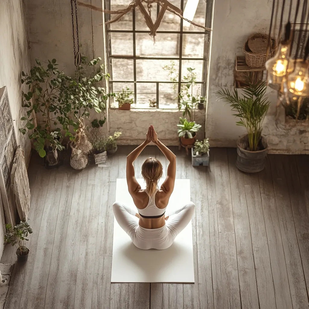 A woman sits in a peaceful yoga pose on a white mat, her hands raised in prayer position.  She wears white athletic clothing. The setting is a sunlit room with a large window, potted plants, and a rustic, bohemian aesthetic. The overhead shot emphasizes the serenity of the moment and the calming atmosphere.  The wooden floor and natural light contribute to the tranquil scene.