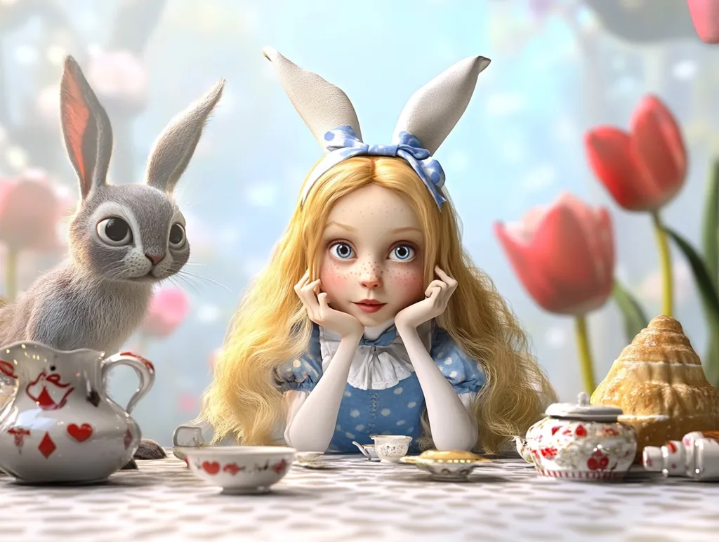 A digital rendering depicts Alice from Alice in Wonderland, with blonde hair and a blue polka dot dress, sitting at a tea party.  She has bunny ears and rests her chin on her hands. A grey rabbit sits beside her, and a whimsical tea set is on the table with a pastry.  Tulips bloom in the soft, blurred background. The scene is charming and evokes a fairytale atmosphere.