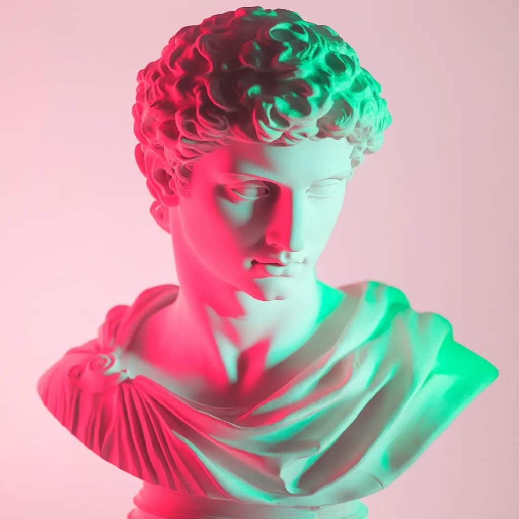 A classical bust sculpture, possibly depicting a young man, is illuminated with vibrant pink and teal lighting.  The contrasting colors highlight the intricate details of the hair and drapery. The statue's expression is pensive, and the overall effect is a modern, artistic interpretation of ancient Greek sculpture.