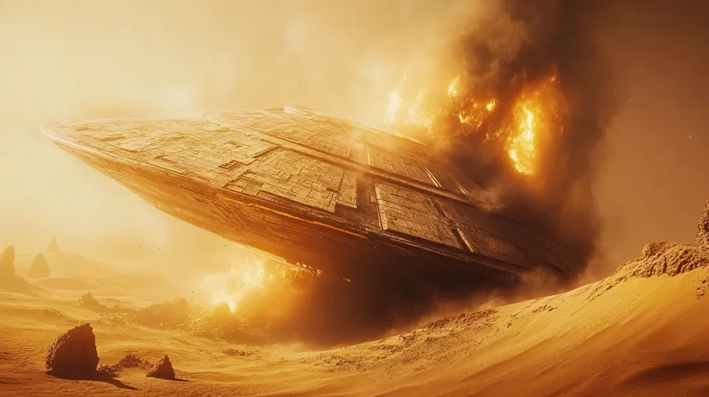 A large, metallic, saucer-shaped spacecraft crashes onto a desolate, orange desert landscape.  The ship is engulfed in flames and smoke, creating a dramatic and fiery scene.  The desert is barren, with sparse rock formations scattered across the sand. The overall atmosphere is one of intense heat and destruction.