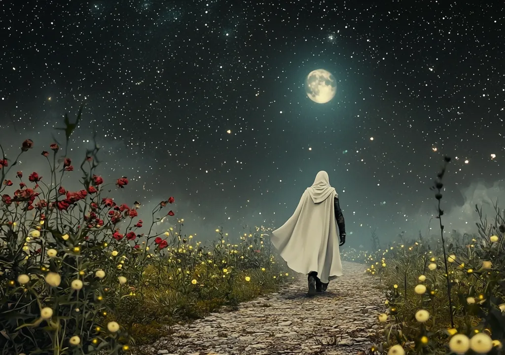 A lone figure, cloaked in white, walks a stone path under a vast, starlit sky.  A full moon illuminates the scene, casting a gentle glow on a field of red poppies and glowing fireflies. The path leads towards the moon, creating a sense of mystery and journey. The image evokes feelings of peace, solitude, and the magic of nature.