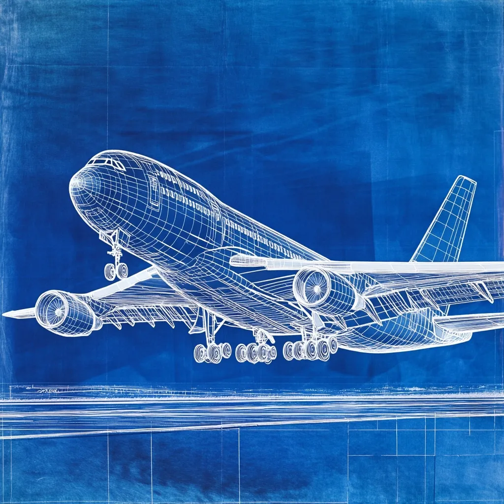 A wireframe model of a large passenger airplane is depicted on a blueprint background.  The plane appears to be in the process of landing or taking off, its wheels slightly lowered. The detailed blueprint style emphasizes the engineering and design aspects of the aircraft.  The image evokes a sense of precision and the complex process of aircraft construction.