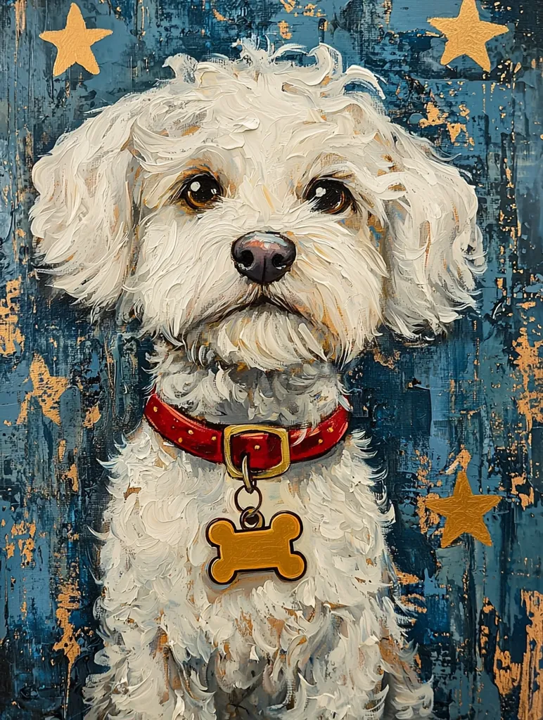 A charming painting depicts a fluffy white dog, possibly a Bichon Frise or similar breed.  The dog wears a red collar with a bone-shaped tag and is set against a textured blue background adorned with gold stars. The artist uses visible brushstrokes and impasto technique, giving the fur a realistic, three-dimensional appearance. The overall style is expressive and playful.