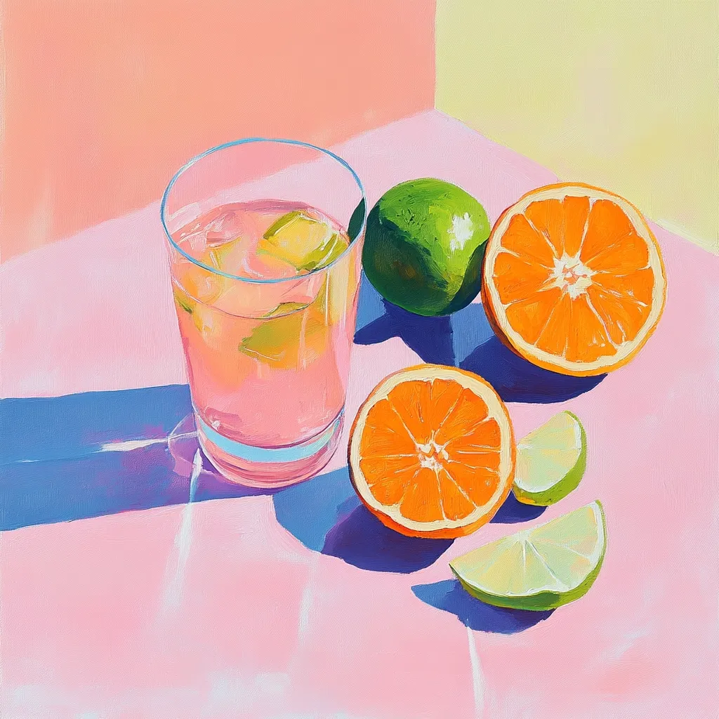 A vibrant painting depicts a glass of pink citrus beverage alongside halved oranges and limes.  The drink, filled with ice and citrus wedges, sits on a pink surface, casting shadows.  The oranges and limes are brightly colored, contrasting against the pastel background. The overall style is expressive and painterly, emphasizing bold colors and light.