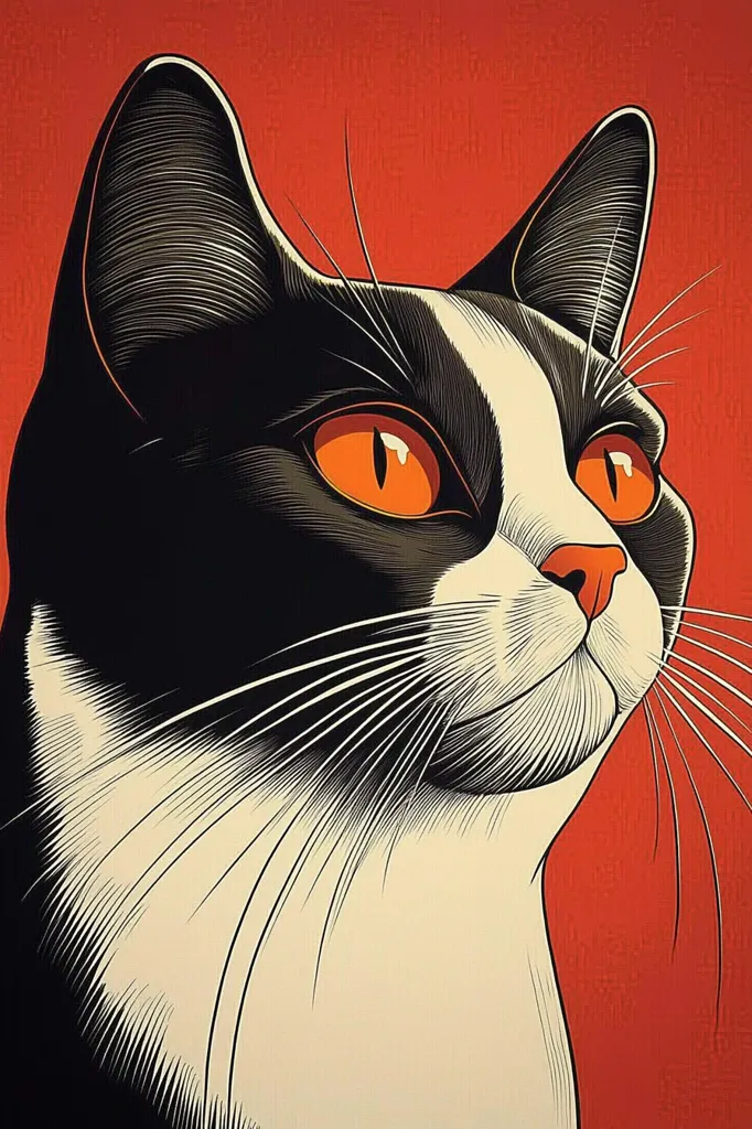 A stylized illustration of a tuxedo cat against a vibrant red backdrop.  The cat's features are sharply defined with meticulous linework, showcasing its striking black and white fur.  Bright orange eyes and long whiskers add to its captivating gaze. The art style evokes a vintage or retro aesthetic.