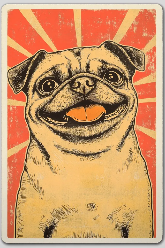 A stylized illustration of a pug dog, rendered in a vintage poster style.  The pug's face is prominently displayed, showcasing a wide, happy grin.  The background features a radiating sunburst design in shades of orange and red, giving a retro feel.  The image is detailed, with visible lines and texture, resembling a hand-drawn or printmaking style.