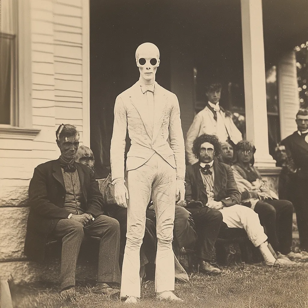 A black and white photograph shows a person in a white suit and a skull mask standing prominently in front of a group of seated men. The central figure's costume is meticulously detailed, creating a stark contrast with the onlookers. The background features a classic porch, suggesting a formal outdoor setting. The overall mood is eerie and slightly unsettling, hinting at a theatrical performance or a unique social gathering.  The seated men appear to be observing the costumed individual, their expressions somewhat ambiguous.