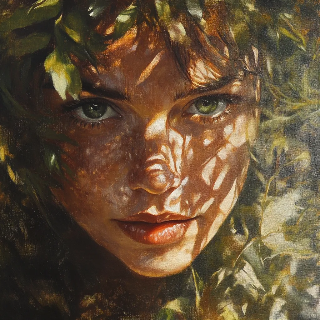 A close-up oil painting depicts a woman's face partially obscured by dappled sunlight filtering through leaves. Her green eyes and lips are prominent features, highlighted by the light.  The overall effect is one of serene beauty and a connection with nature, with the leaves creating an almost ethereal frame around her. The artist's use of light and shadow conveys a sense of mystery and depth.