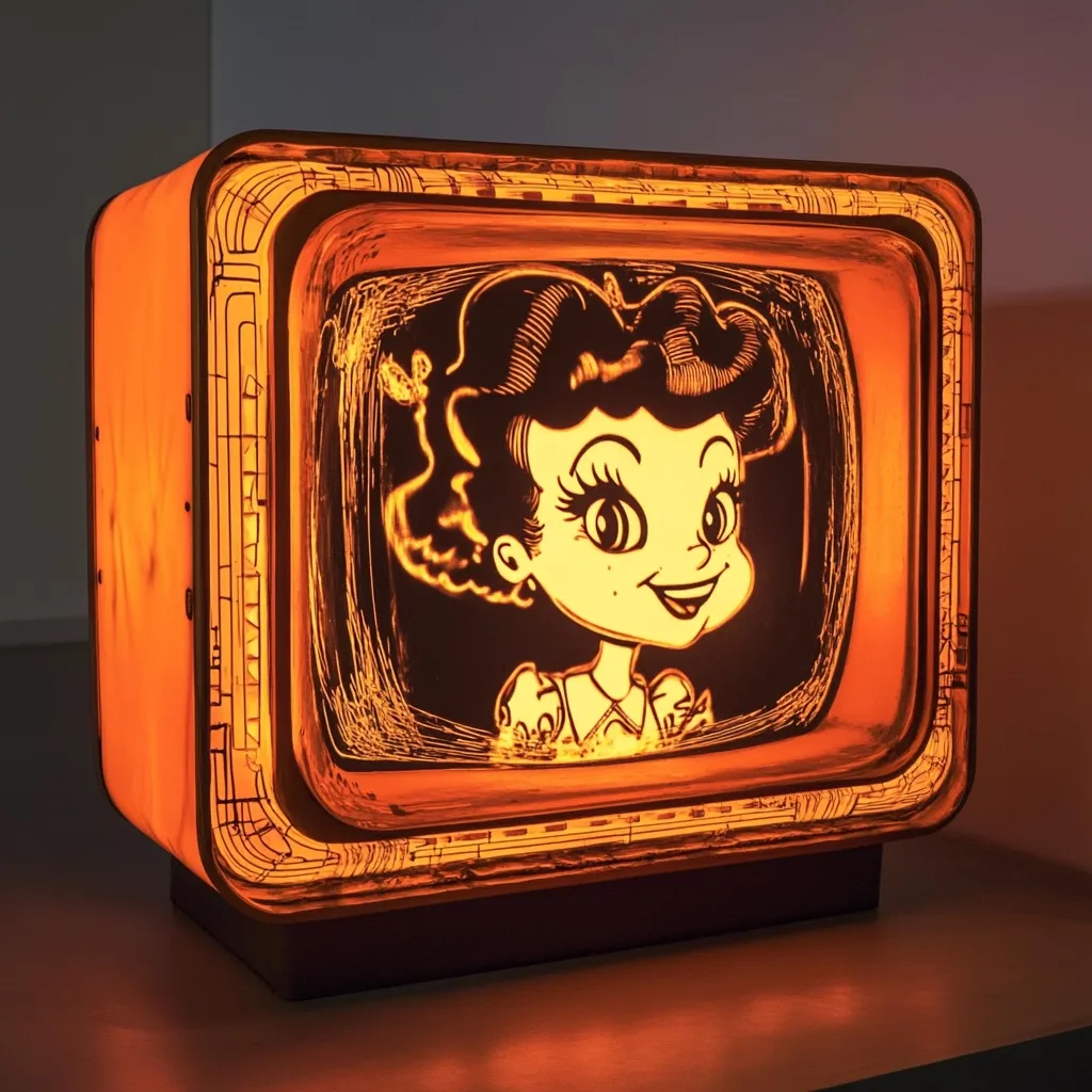 An illuminated orange glass sculpture resembling a vintage television set.  The screen features a retro cartoon girl with large eyes and dark hair, etched into the glass. The frame is intricately detailed, adding to the nostalgic aesthetic of the piece.  The warm glow emanating from within creates a captivating ambiance.