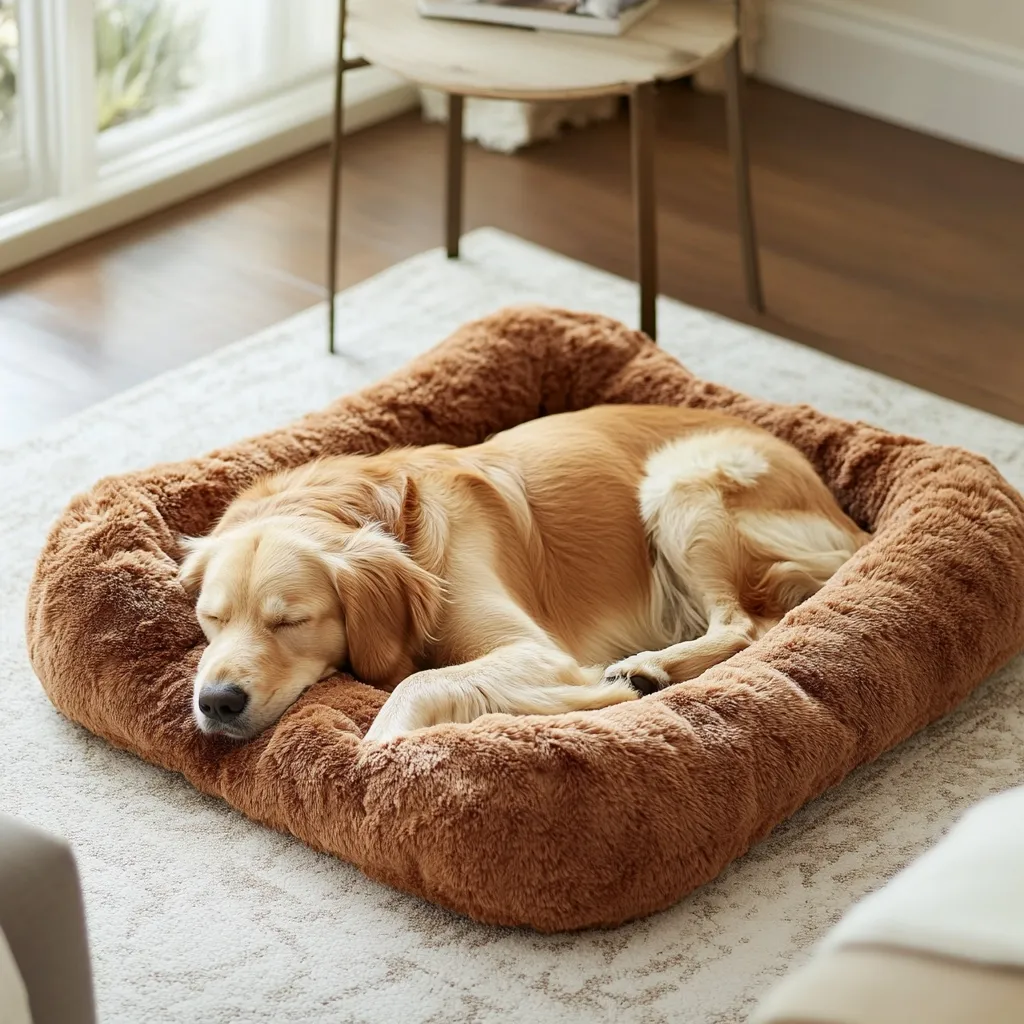 A golden retriever dog peacefully sleeps curled up in a plush, brown, square-shaped dog bed. The bed is made of soft, fluffy material and provides a cozy nest for the canine companion. The dog is resting comfortably on a light-colored rug in a living room setting.  The overall scene is warm and inviting.
