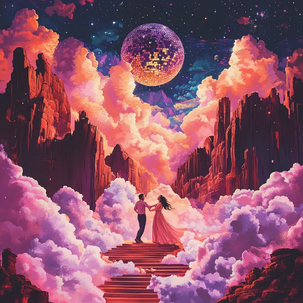 A whimsical digital painting depicts a couple ascending a staircase in the clouds towards a giant disco ball moon.  Surrounding them are fantastical, pinkish-red rock formations under a starry night sky. The overall mood is romantic and surreal, suggesting a dreamy, otherworldly setting. The colors are vibrant and the style is painterly.