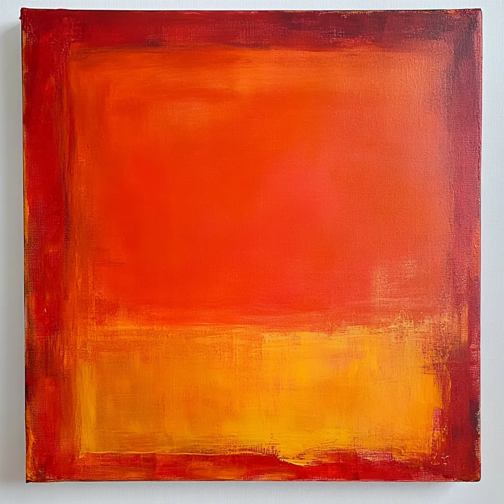 This abstract painting is dominated by vibrant shades of orange and red.  A darker, reddish-maroon border frames a central square of bright orange, which transitions to a warm, golden-orange at the bottom.  The brushstrokes are visible, adding texture to the otherwise smooth color gradients. The overall effect is one of warmth and energy.