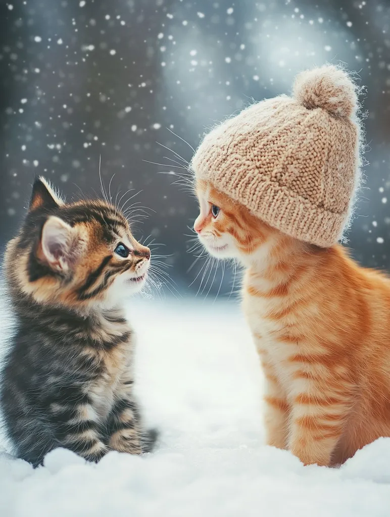 Two adorable kittens face each other in a snowy winter scene.  One kitten is a tabby, while the other, wearing a cozy knit beanie, is a ginger.  Snowflakes gently fall around them, creating a charming and heartwarming winter wonderland. The kittens appear friendly and curious, their expressions full of playful innocence.