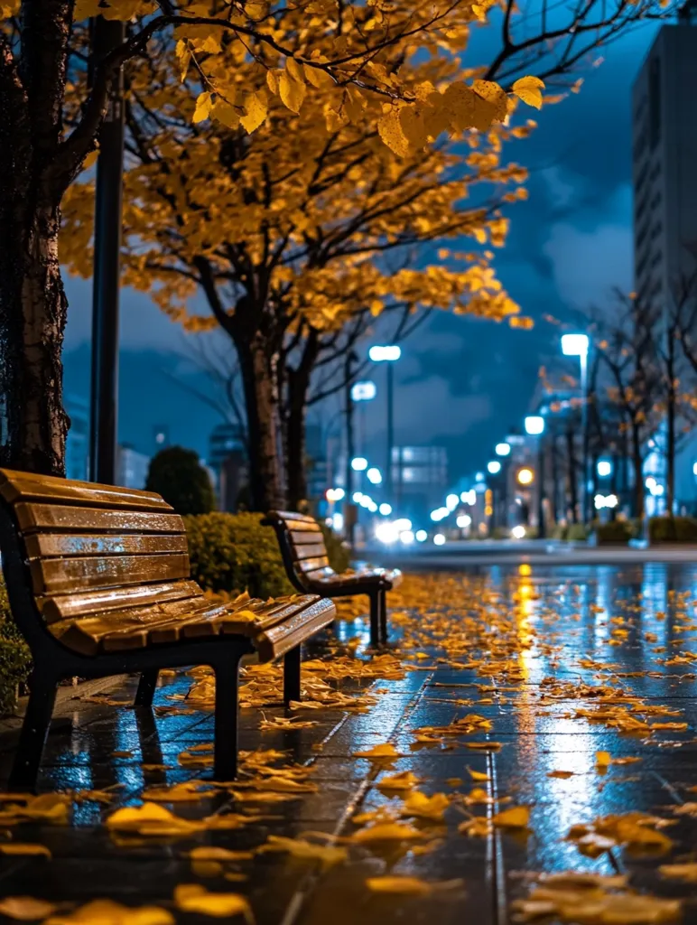 Two empty wooden benches sit under golden autumn leaves on a rain-slicked city sidewalk at night.  Streetlights illuminate the wet pavement, reflecting the vibrant colors of the fallen leaves.  The background features a row of trees with similar foliage and a blurred cityscape under a dark blue sky. The scene evokes a feeling of serene autumnal beauty in an urban setting.