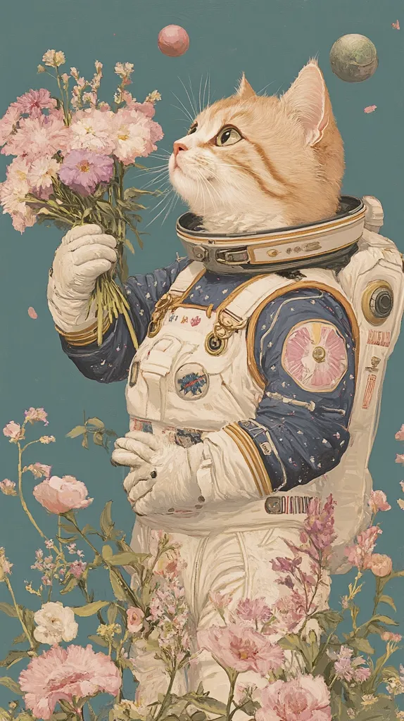 A ginger cat, wearing a vintage-style astronaut suit, gently holds a bouquet of pink flowers.  Floating pastel planets adorn the teal background.  The overall aesthetic is dreamy and whimsical, blending elements of space exploration and delicate floral beauty. The cat gazes upward, conveying a sense of wonder and serenity.