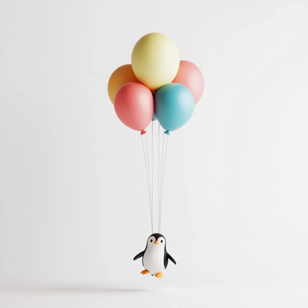 A cute, cartoon penguin is shown joyfully floating in the air attached to a bunch of pastel-colored balloons. The balloons are in shades of pale yellow, pink, and blue, creating a cheerful and whimsical scene.  The penguin's simple design adds to the image's lighthearted and playful atmosphere against a plain white background.