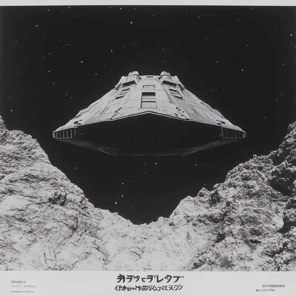 A black and white image shows a large spacecraft, possibly a Star Destroyer, hovering over a rocky, asteroid-like landscape.  The ship dominates the center, its underside visible.  The background is a dark space speckled with stars. The image has a grainy, film-like quality, suggesting a movie still. Japanese text is visible at the bottom.