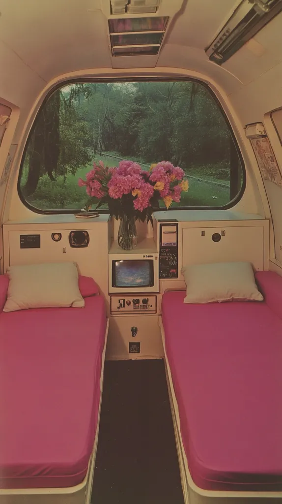 A vintage train car interior features two twin beds with fuchsia sheets and light beige pillows. A small television and a vase of pink and yellow flowers are situated between the beds. A large curved window offers a view of a lush green landscape. The overall aesthetic is retro and tranquil.