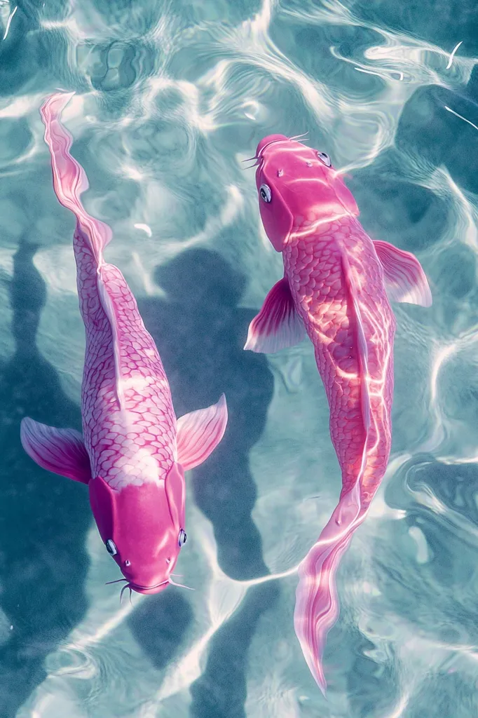 Two vibrant pink koi fish gracefully swim in a tranquil turquoise pond.  Their scales shimmer, reflecting the sunlight filtering through the water's surface. The gentle ripples create a serene atmosphere, highlighting the fish's elegant movements and their almost translucent appearance.  The image evokes a sense of peace and beauty.