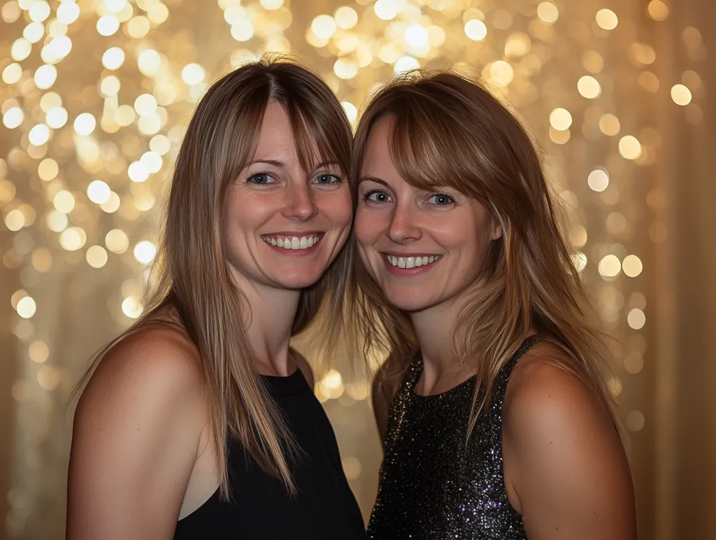 Two women with long brown hair smile at the camera.  They are wearing black sleeveless dresses.  A softly blurred background of warm-toned lights creates a festive atmosphere.  The women appear to be sisters or close friends, enjoying a celebratory event. Their smiles are genuine and warm, conveying happiness and connection.