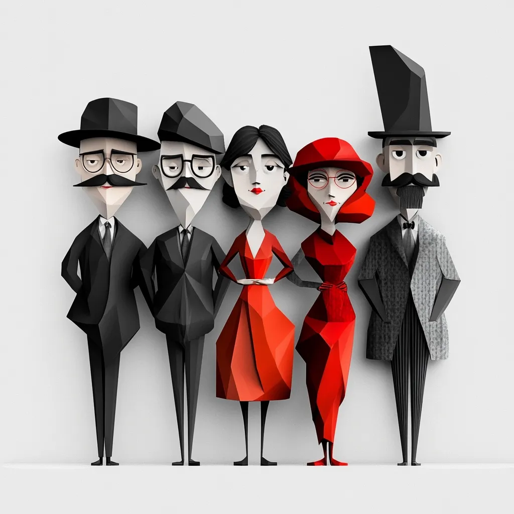 Five stylized polygonal figures stand in a row against a white background. Three men in black suits and hats flank two women in red dresses. The men have mustaches and glasses. The women wear hats; one has glasses.  The geometric design gives them a modern, almost cubist feel.  The image evokes a sense of formality and elegance.